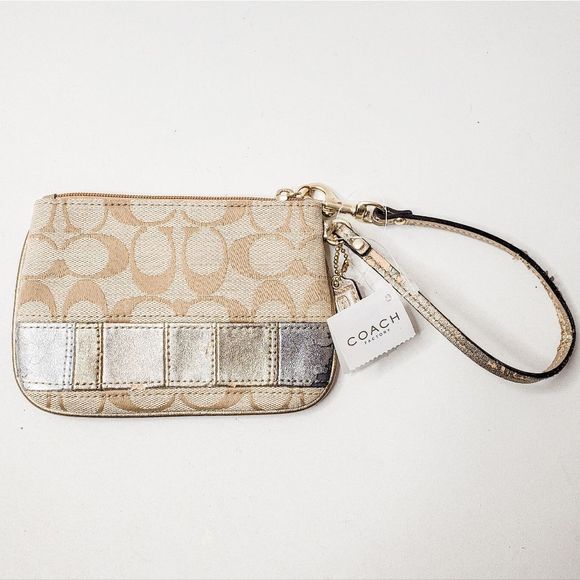 Coach Handbags - Coach Tan Rose Gold Silver Metallic Logo Print Wristlet Change Purse